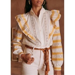 SEZANE Fedora Shirt Size 10 Ruffled Blouse Lace Detail Embroidered Top Ercu